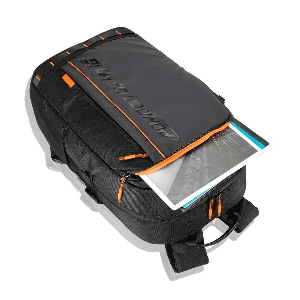 PORODO GAMING WATER RESISTANT PU LAPTOP BACKPACK WITH USB C PORT PS5 COMPATMENT BLACK ORANGE PDX534 - Image 2