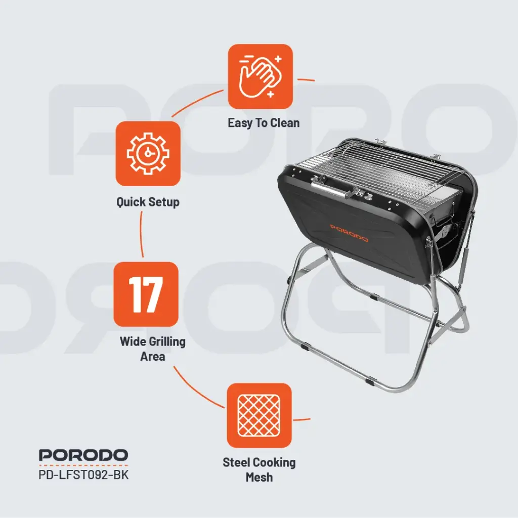 PORODO LIFESTYLE PORTABLE FOLDING SEATED BBQ GRILL BLACK - Image 7