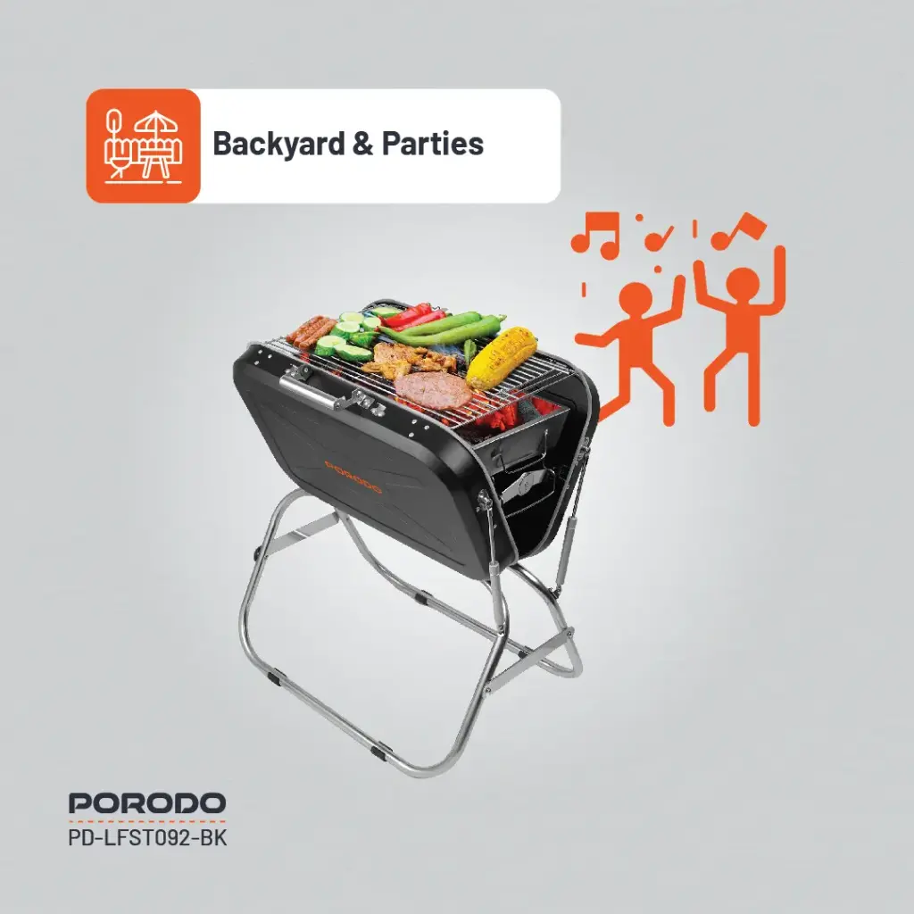 PORODO LIFESTYLE PORTABLE FOLDING SEATED BBQ GRILL BLACK - Image 4
