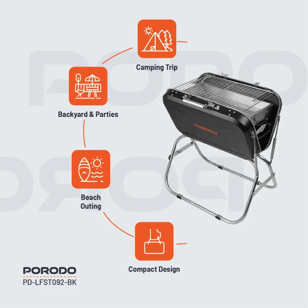 PORODO LIFESTYLE PORTABLE FOLDING SEATED BBQ GRILL BLACK - Image 2