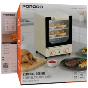 PORODO LIFESTYLE VERTICAL DESIGN TEMP GLASS MINI OVEN BAKE GRILL & TOAST WHITE PDM0KB15FWH