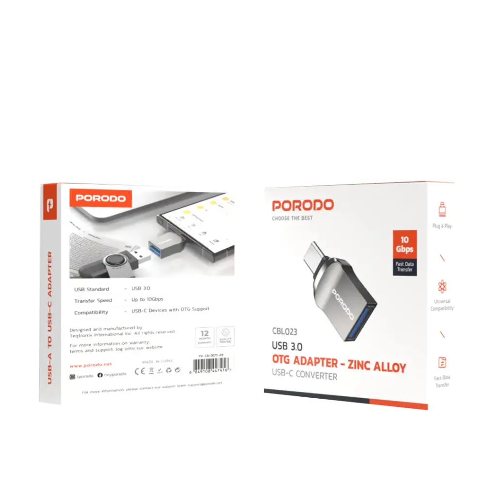 PORODO USB 3.0 USB C CONVERTER OTG ADAPTER ZINC ALLOY PS-CBL0023-BK - Image 2