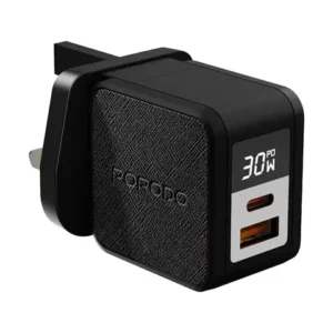 PORODO QUANTUM GAN 30W MULTI PORT CHARGER WITH DIGITAL DISPLAY BLACK PDFWCH092BK
