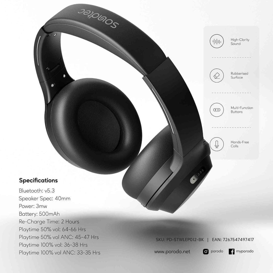PORODO SOUNDTEC HUSH WIRELESS HEADPHONE BLACK PD-STWLEP012-BK - Image 3