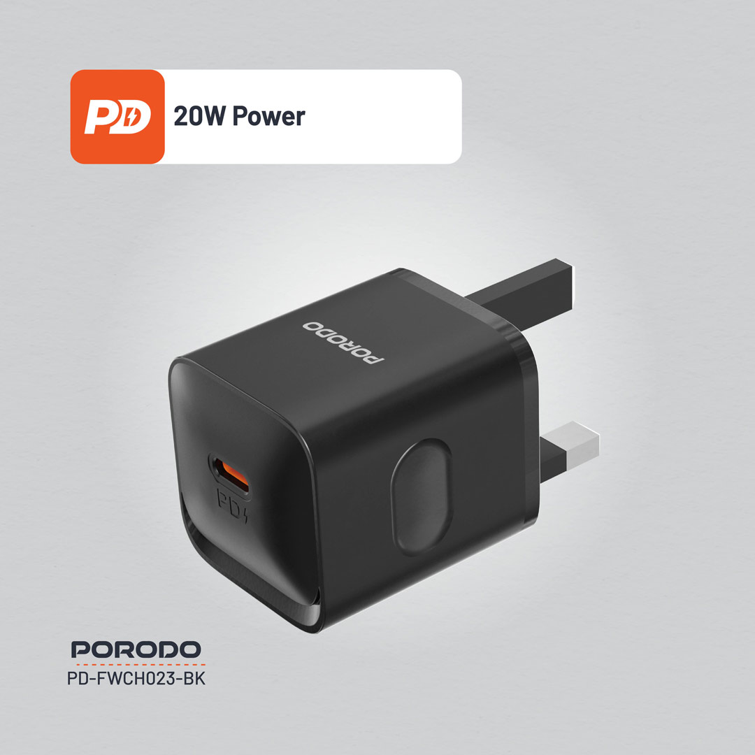 PORODO USB C TO USB C POWER DELIVERY WALL CHARGER 20W 1.2M BLACK PD-FWC023-C-BK - Image 9