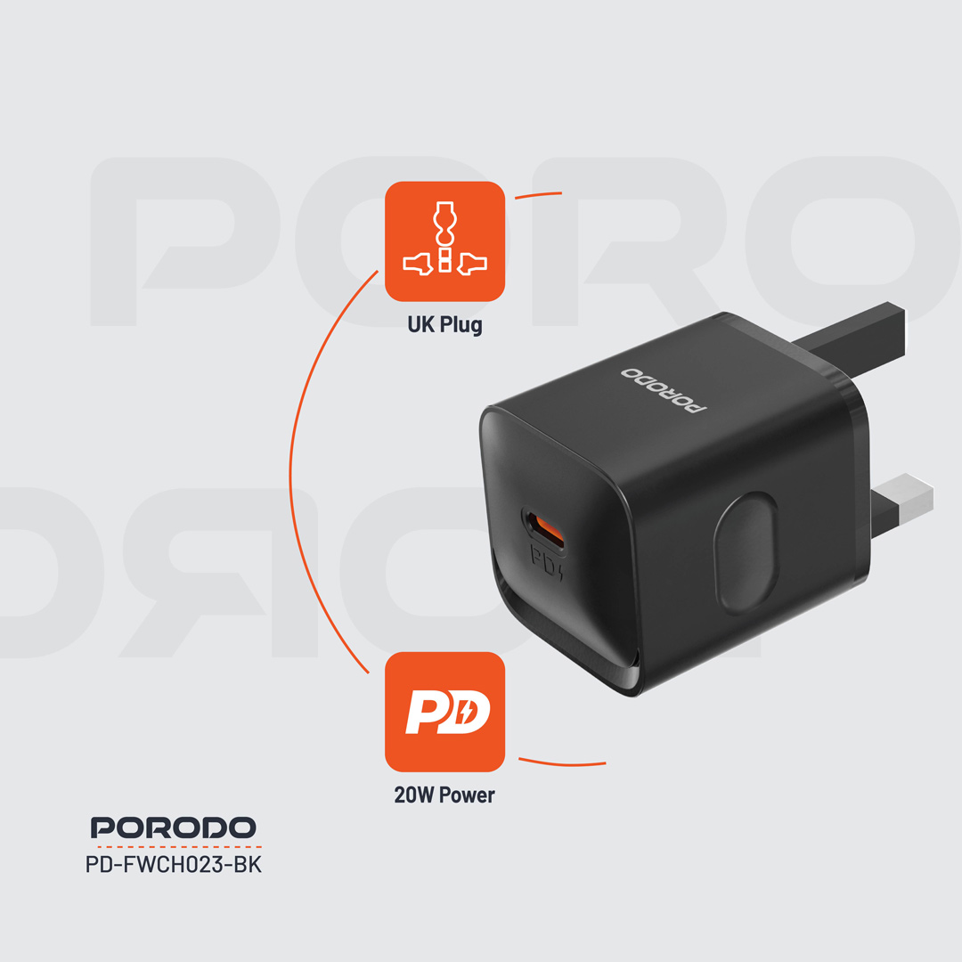 PORODO USB C TO USB C POWER DELIVERY WALL CHARGER 20W 1.2M BLACK PD-FWC023-C-BK - Image 4