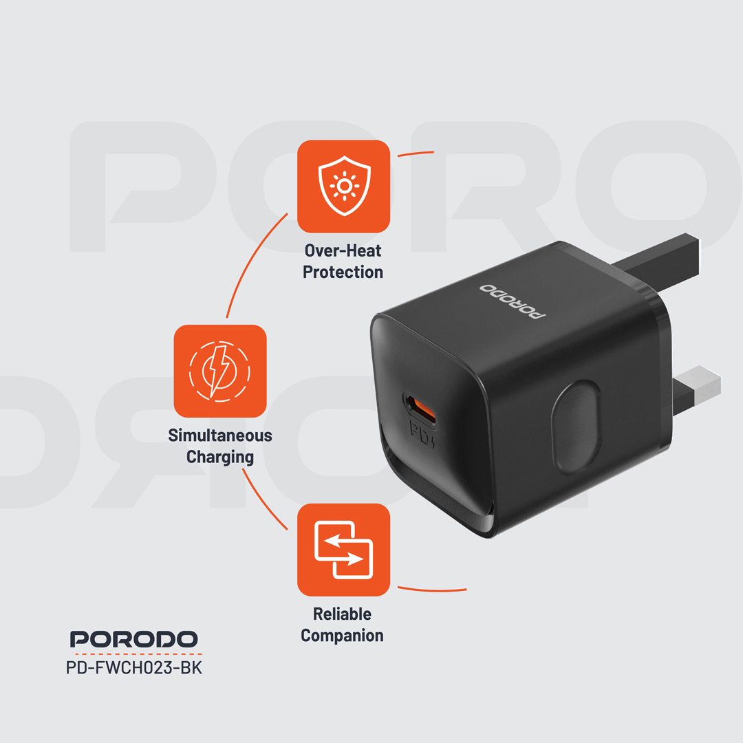 PORODO USB C TO USB C POWER DELIVERY WALL CHARGER 20W 1.2M BLACK PD-FWC023-C-BK - Image 3