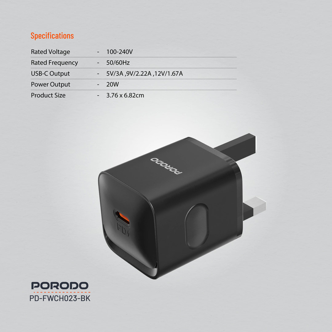PORODO USB C POWER DELIVERY WALL CHARGER 20W BLACK PD-FWC023-BK - Image 10