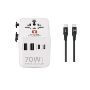 Stay powered wherever you go with the Swiss Military 70W GaN II Super Charger, the ultimate travel companion for fast, efficient charging.