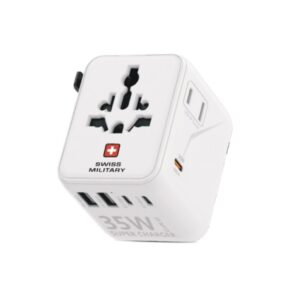 Stay powered wherever you go with the SWISS MILITARY 35W Travel Adapter GAN II Super Charger in sleek white.