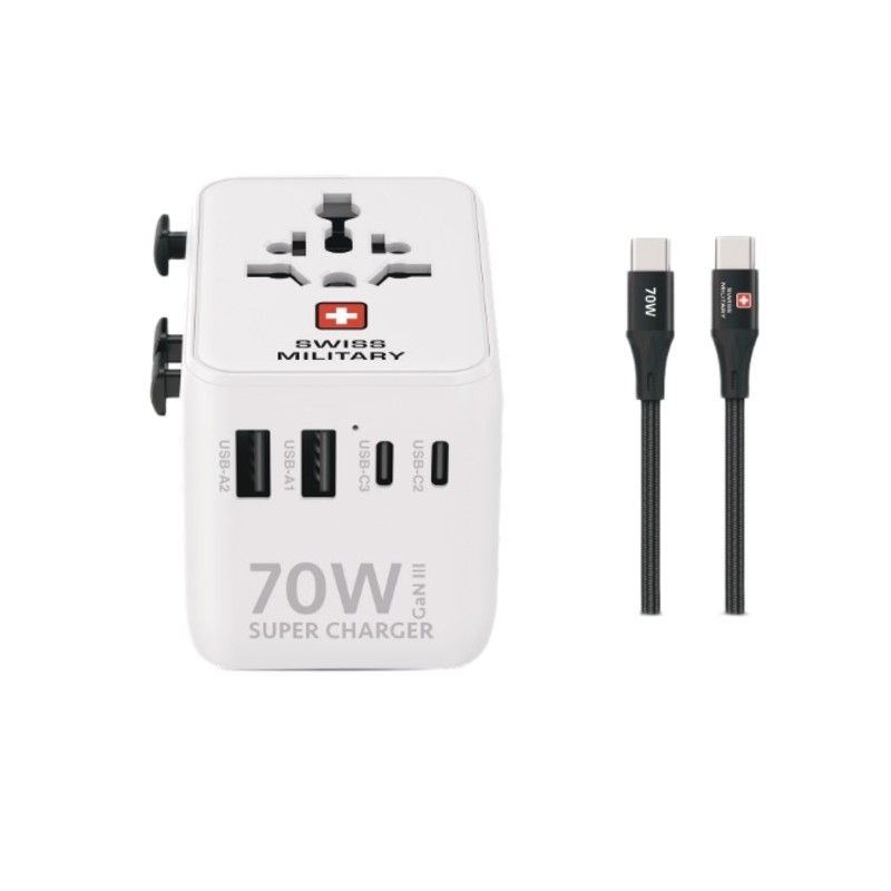 Stay powered wherever you go with the Swiss Military 70W GaN II Super Charger, the ultimate travel companion for fast, efficient charging.