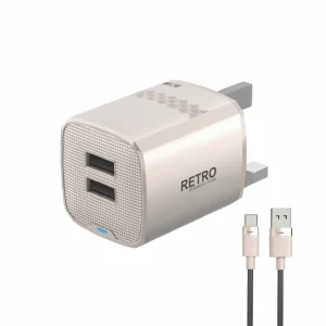 PAWA RETRO 3.1A DUAL USB UK CHARGER WITH USB A TO USB-C CABLE TITANIUM PW-TCR31UKT-TT