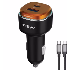 POWEROLOGY 75W DUAL PORT HIGH POWER CAR CHARGER WITH TYPE C CABLE BLACK/ORANGE PCCSR024BKOGC