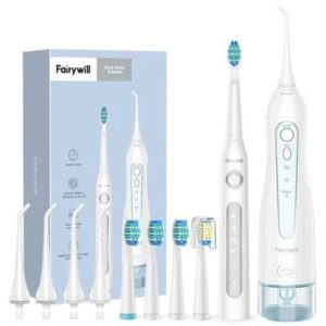 FAIRYWILL SONIC TOOTHBRUSH WITH 4 JET TIP SET + 4 BRUSH HEADS AND WATER FLOSSER WHITE FW5020E +FW507
