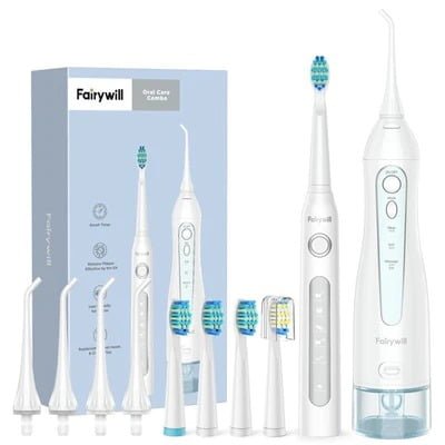 FAIRYWILL SONIC TOOTHBRUSH WITH 4 JET TIP SET + 4 BRUSH HEADS AND WATER FLOSSER WHITE FW5020E +FW507