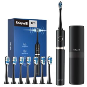 FAIRYWILL ULTRASONIC ELECTRIC TOOTHBRUSH WITH 8 BRUSH HEADS & TRAVEL CASE BLACK P11