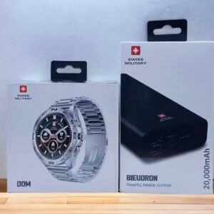 SWISS MILITARY DOM WATCH SILVER + SWISS MILITARY BIEUDRON 20000MAH POWER BANK BUNDLE