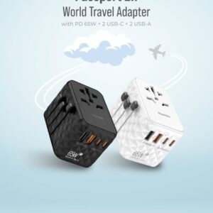 BLUPEBBLE PASSPORT 2.1 WORLD TRAVEL ADAPTER WITH PD 65W + 2 USB-C + 2USB-A