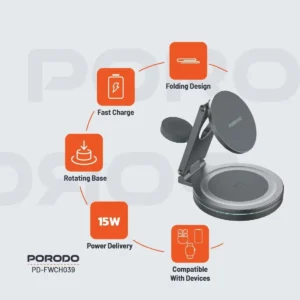 Porodo Rotating Base, Wireless Charger, 3-Device Charger, PD-FWCH039-GY