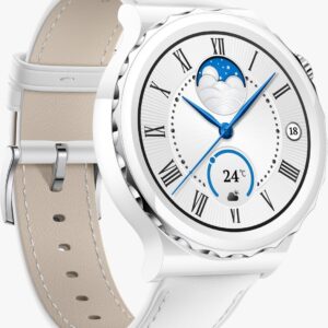 HUAWEI WATCH GT 3 PRO 43MM SILVER BEZEL WHITE CERAMIC CASE WITH WHITE LEATHER STRAP FRG-B19