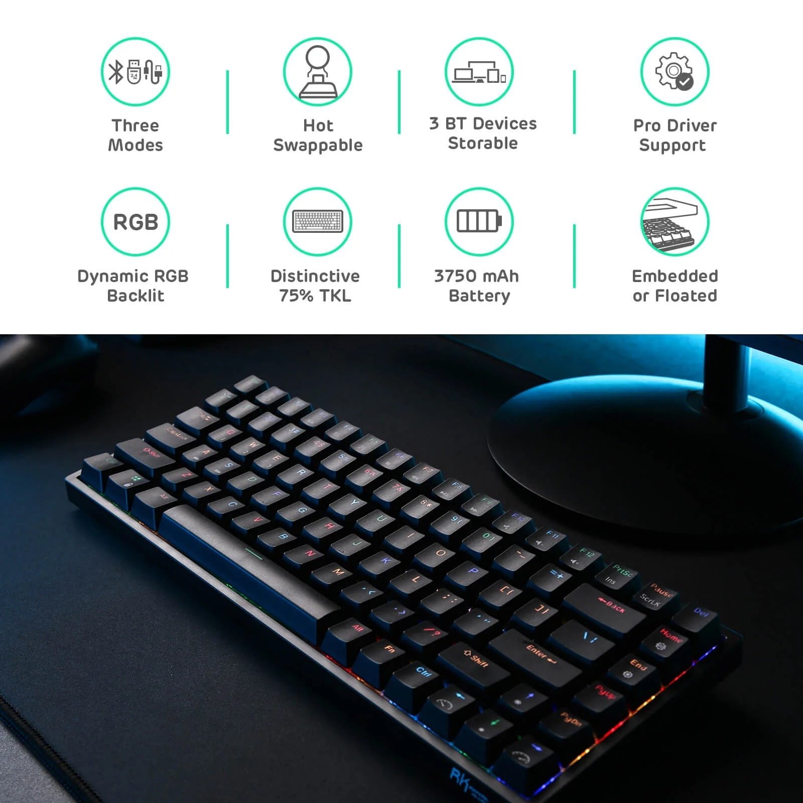 ROYAL KLUDGE GAMING KEYBOARD RGB TRI MODE HOT PLUG BROWN SWITCH BLACK RK84 - Image 4