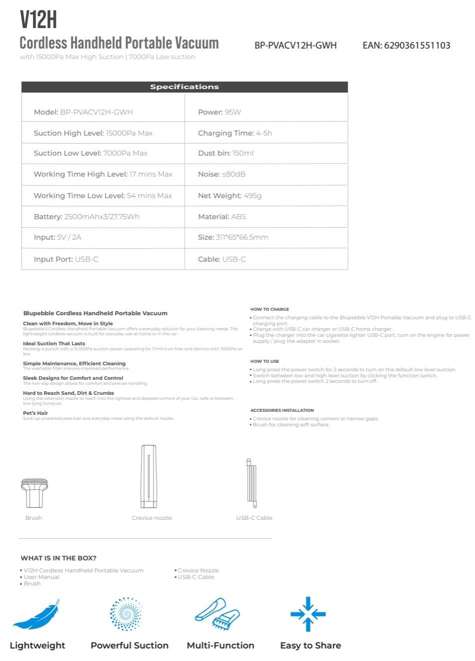 BLUPEBBLE CORDLESS HANDHELD PORTABLE VACUUM V12H WHITE BP-PVACV12H-GWH - Image 8