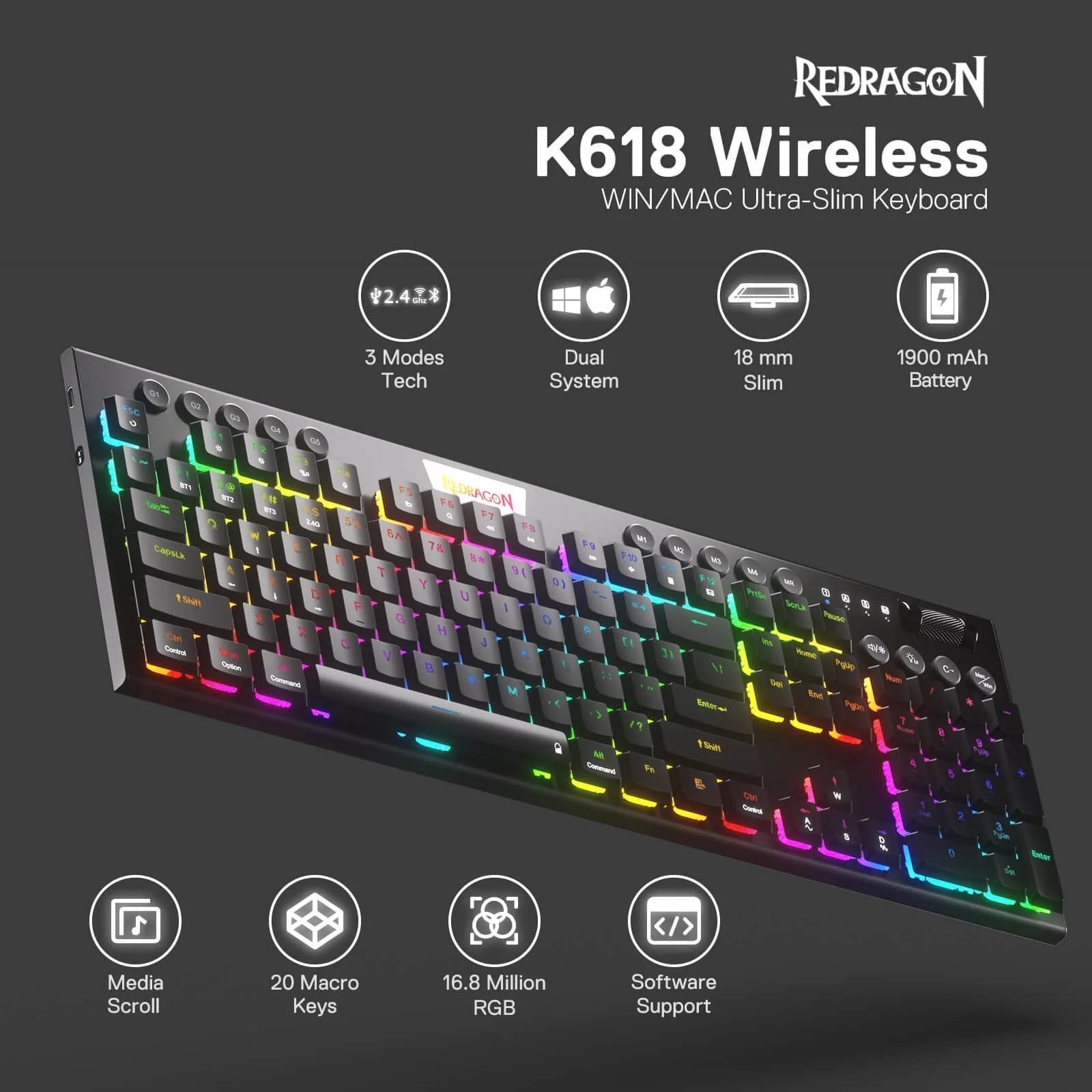 REDRAGON HORUS MECHANICAL KEYBOARD RED SWITCH K618-RGB - Image 17