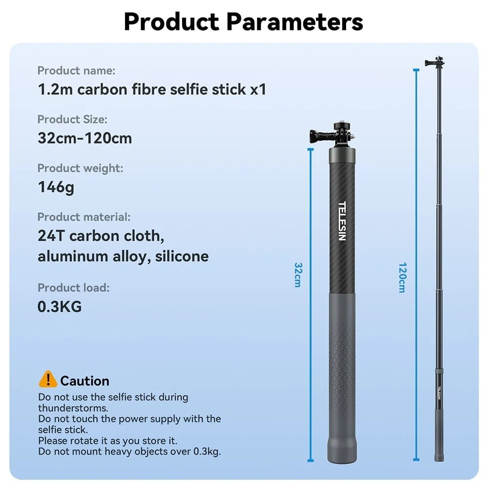 TELESIN 2nd Gen 1.2 Meter Carbon Tube Selfie Stick GP-MNP-002: Capture Stunning Selfies and Videos with Ease - Image 3