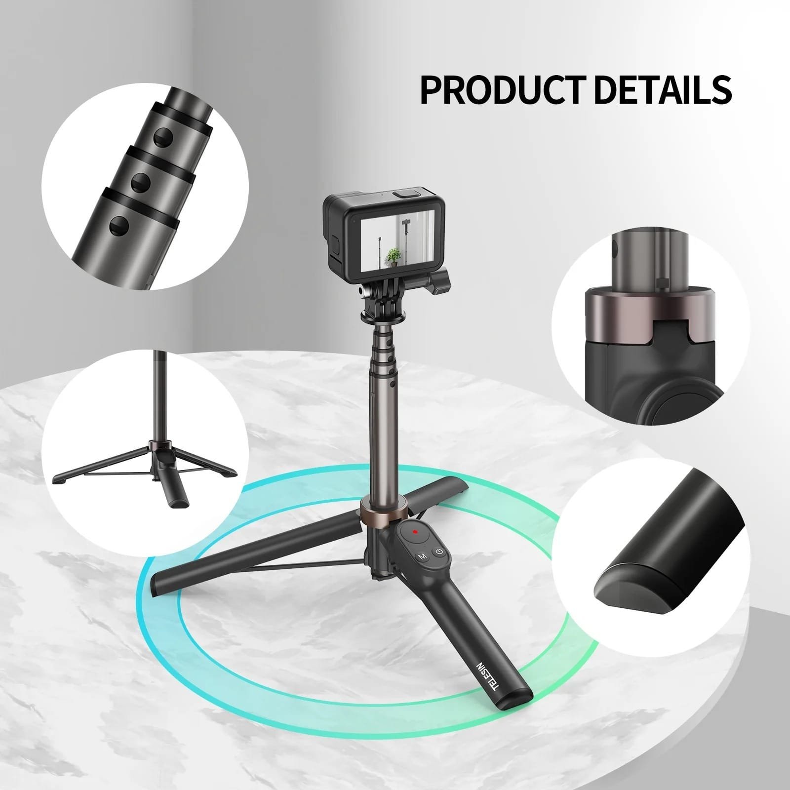TELESIN 0.6M Vlog Selfie Stick Tripod with Remote for GoPro TE-RCSS-001 - Image 7