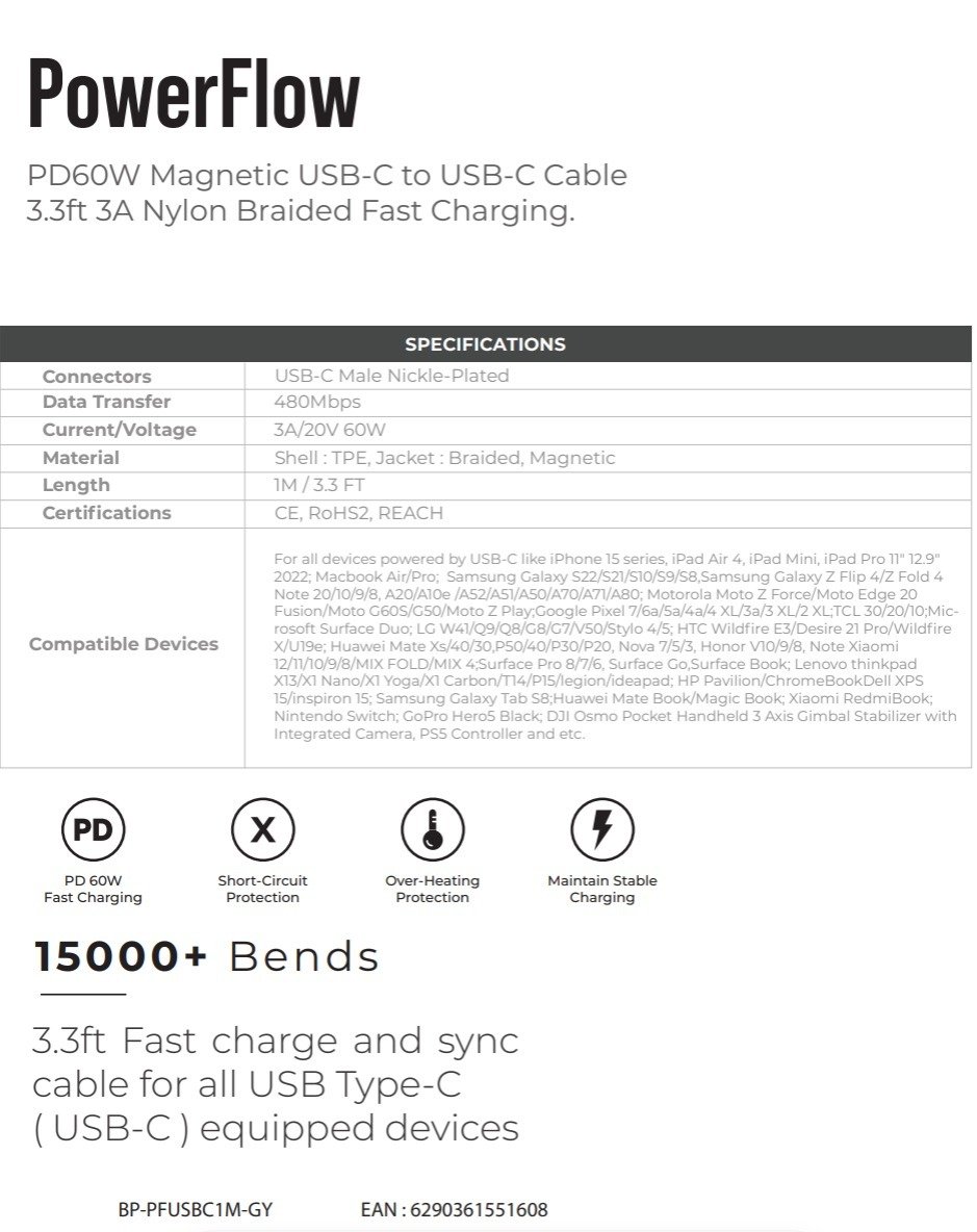 BluPebble PowerFlow Magnetic USB-C to USB-C Cable 3.3ft 60W 1-Meter Grey (BP-PFUSBC1M-GY) - Image 8