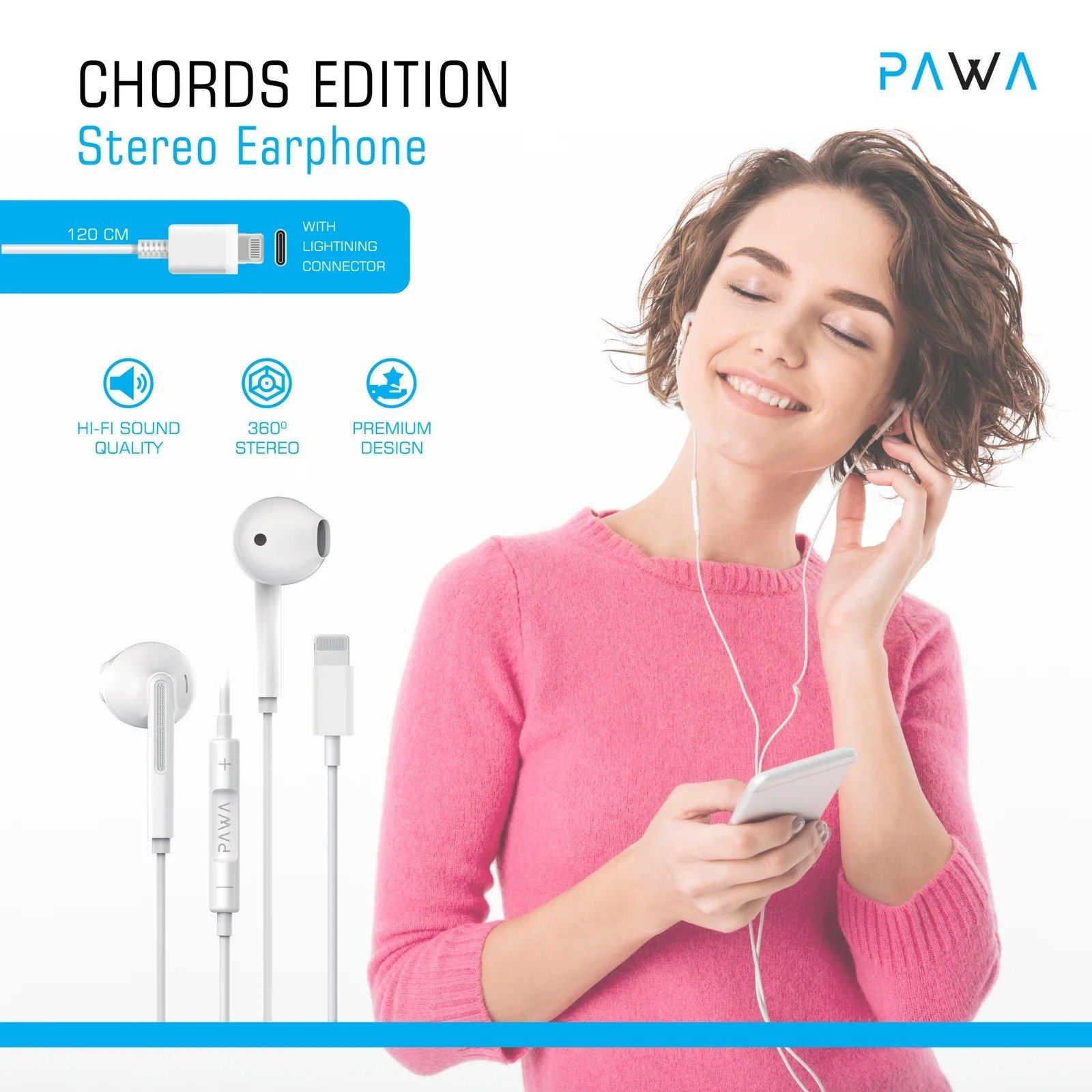 Pawa Chords Editions Stereo Earphone with Lightning Connector 3.5mm White PW-LTEP20 - Image 2