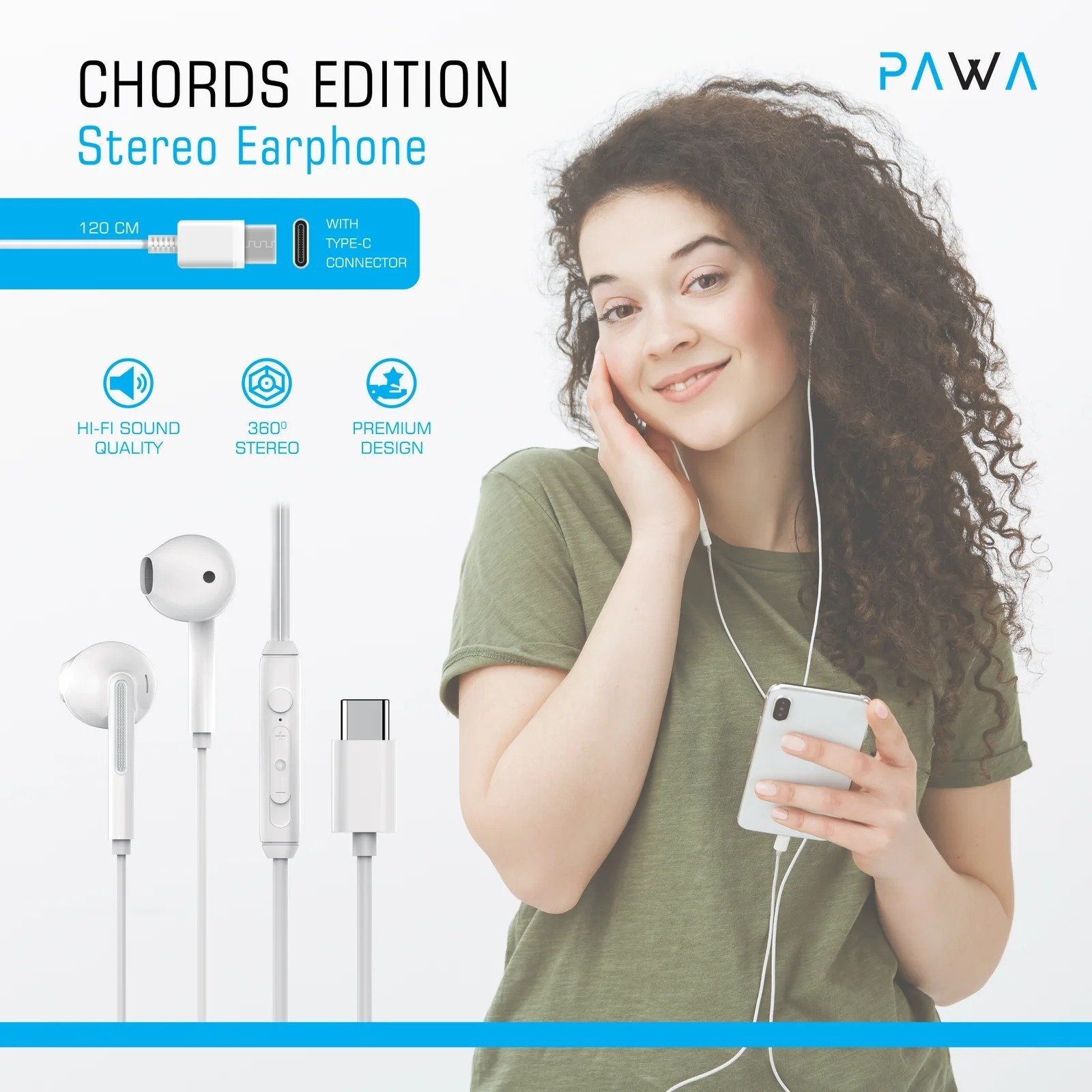 Pawa Chords Editions Stereo Earphone with Type-C Connector 3.5mm White PW-TCEP20 - Image 2
