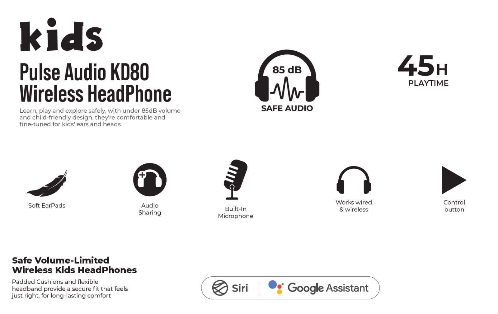 Bluepebble Kids Pulse Audio KD80 Wireless Headphones - Safe & Stylish BP-PAD80JNR - Image 12