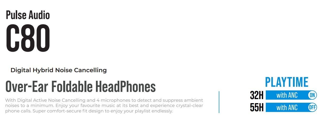 Bluepebble C80 Over-Ear Foldable Digital Hybrid Noise Cancelling Headphones - Black BP-PAC80ANC-BK - Image 10