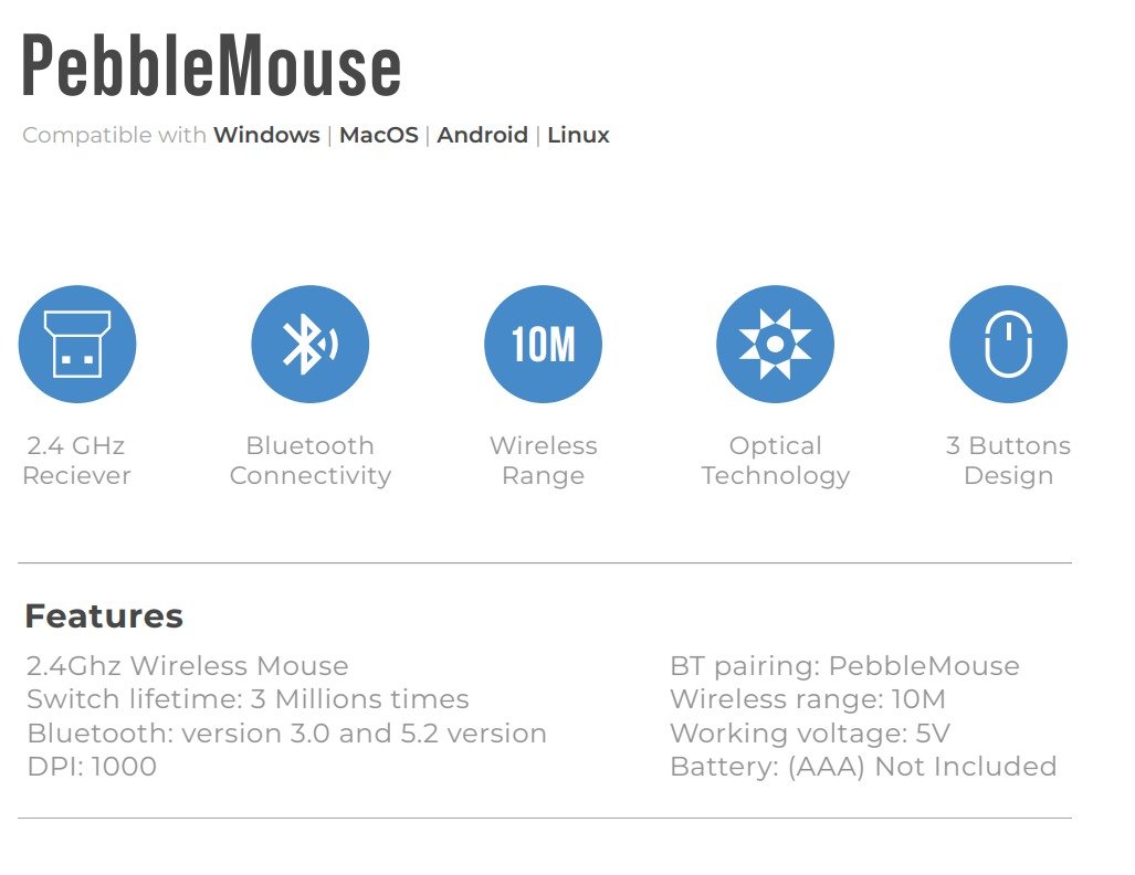 Blupebble Pebble Wireless Mouse 1000 DPI Dual Mode Black BP-PEBBLEMOUSE1-BK - Image 5