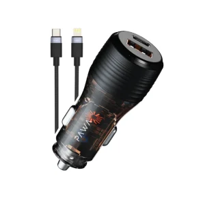 Stay powered on the go with the PAWA Solid Car Charger Dual Port PD+QC 51W Transparent