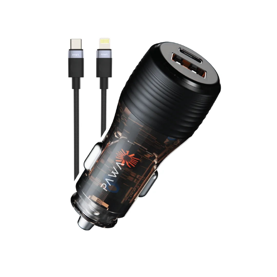 Stay powered on the go with the PAWA Solid Car Charger Dual Port PD+QC 51W Transparent