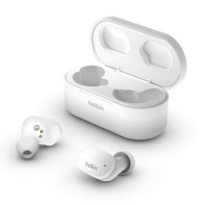 Enjoy a seamless audio experience with the Belkin True Wireless Earbuds in sleek white