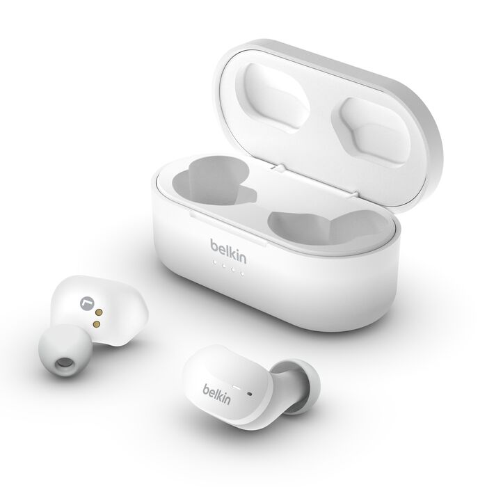 Enjoy a seamless audio experience with the Belkin True Wireless Earbuds in sleek white