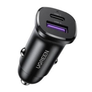 Stay powered up wherever the road takes you with the UGREEN 30W 2-Port Fast Car Charger.
