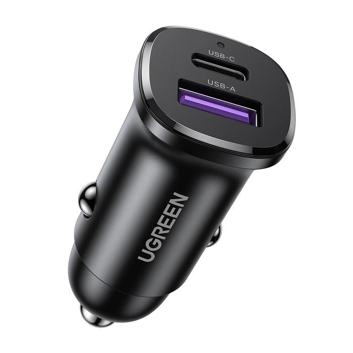 Stay powered up wherever the road takes you with the UGREEN 30W 2-Port Fast Car Charger.