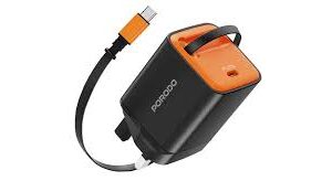 PORODO TEZPATRO 30W GAN CHARGER WITH USB C RETRACTABLE CABLE BLACK PDFWCH103BK