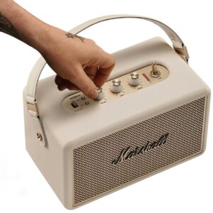 Experience the perfect fusion of vintage charm and modern technology with the Marshall Kilburn III Portable Wireless Speaker in elegant cream.