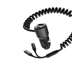 PORODO 95W CAR CHARGER INTEGRATED COILED TYPE C AND LIGHTNING CABLE BLACK PD-FWCH047-BK