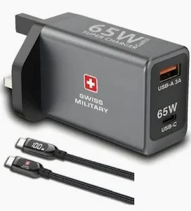 SWISS MILITARY 65W GAN II SUPER CHARGER USB C TO USB C 1.2M CABLE GRAY SM-GANII-65W 1C1A-GRY-CB-CC60W