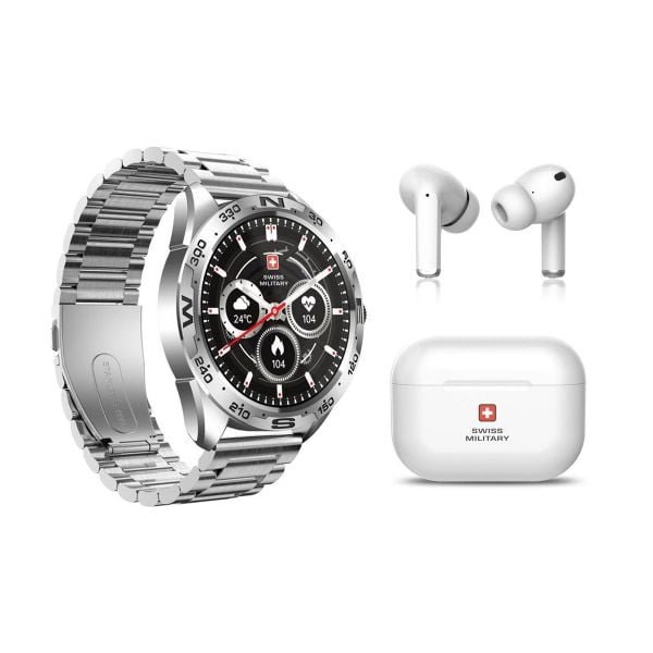 SWISS MILITARY DOM WATCH SILVER + DELTA EARBUDS BUNDLE