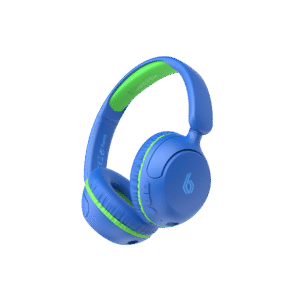 Let your child enjoy music, learning, and fun with the BluPebble Bounce 2-in-1 Kids Headphones in vibrant blue.