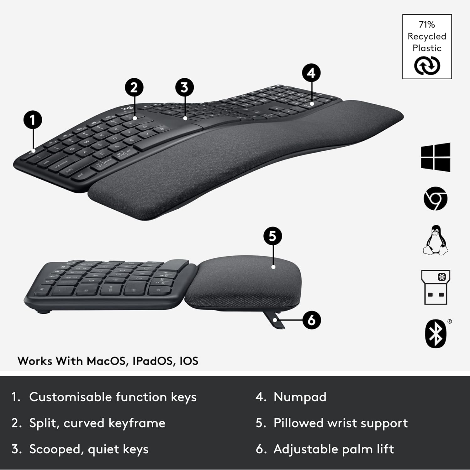 LOGITECH ERGO WIRELESS SPLIT KEYBOARD K860 ENGLISH 920-010359 - Image 6