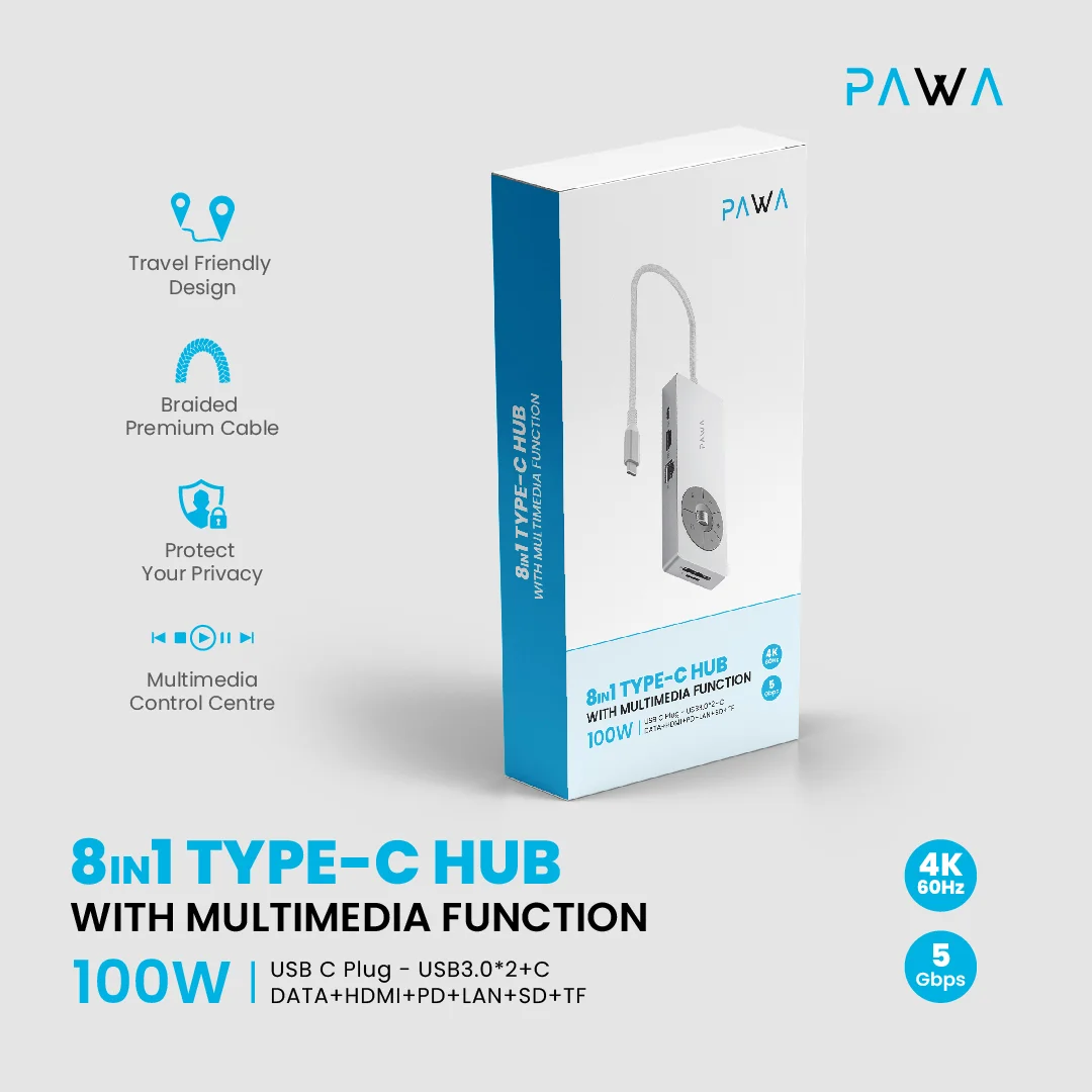 PAWA 8 IN 1 TYPE-C HUB WITH MULTIMEDIA FUCTION 100W PW-THUBB124 - Image 3