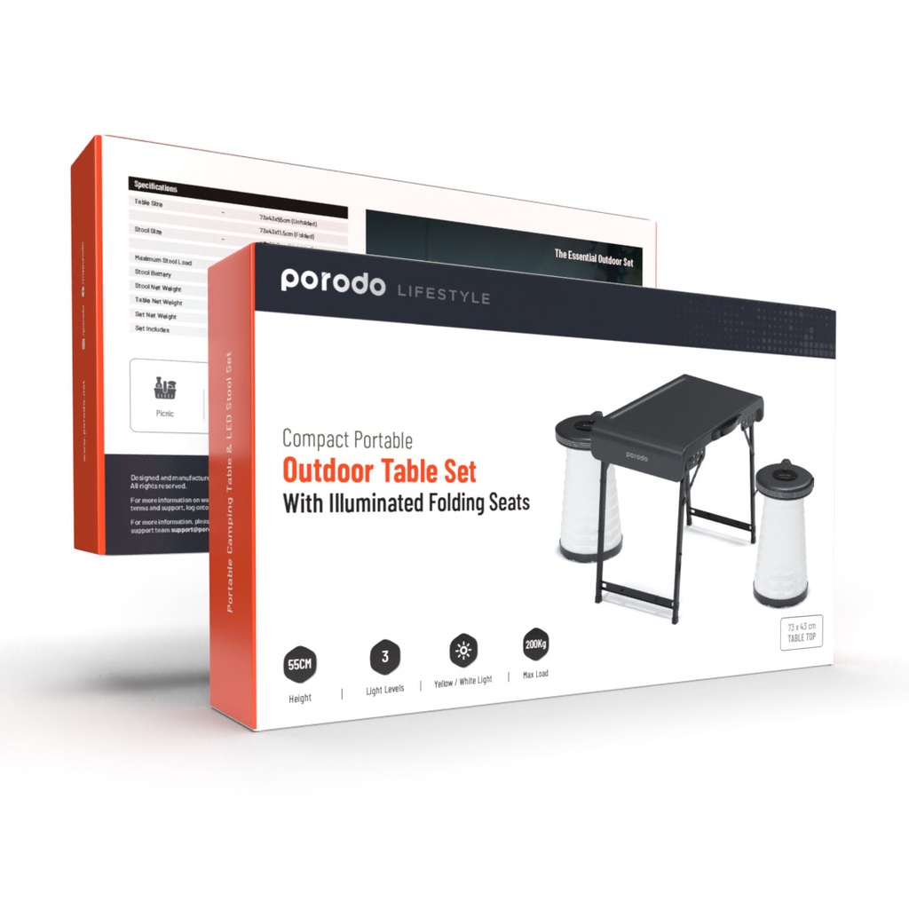 PORODO LIFESTYLE COMPACT PORTABLE OUTDOOR TABLE SET WITH ILLUMINATED FOLDING SEATS GRAY PD-CFDLDSTS-GY - Image 2